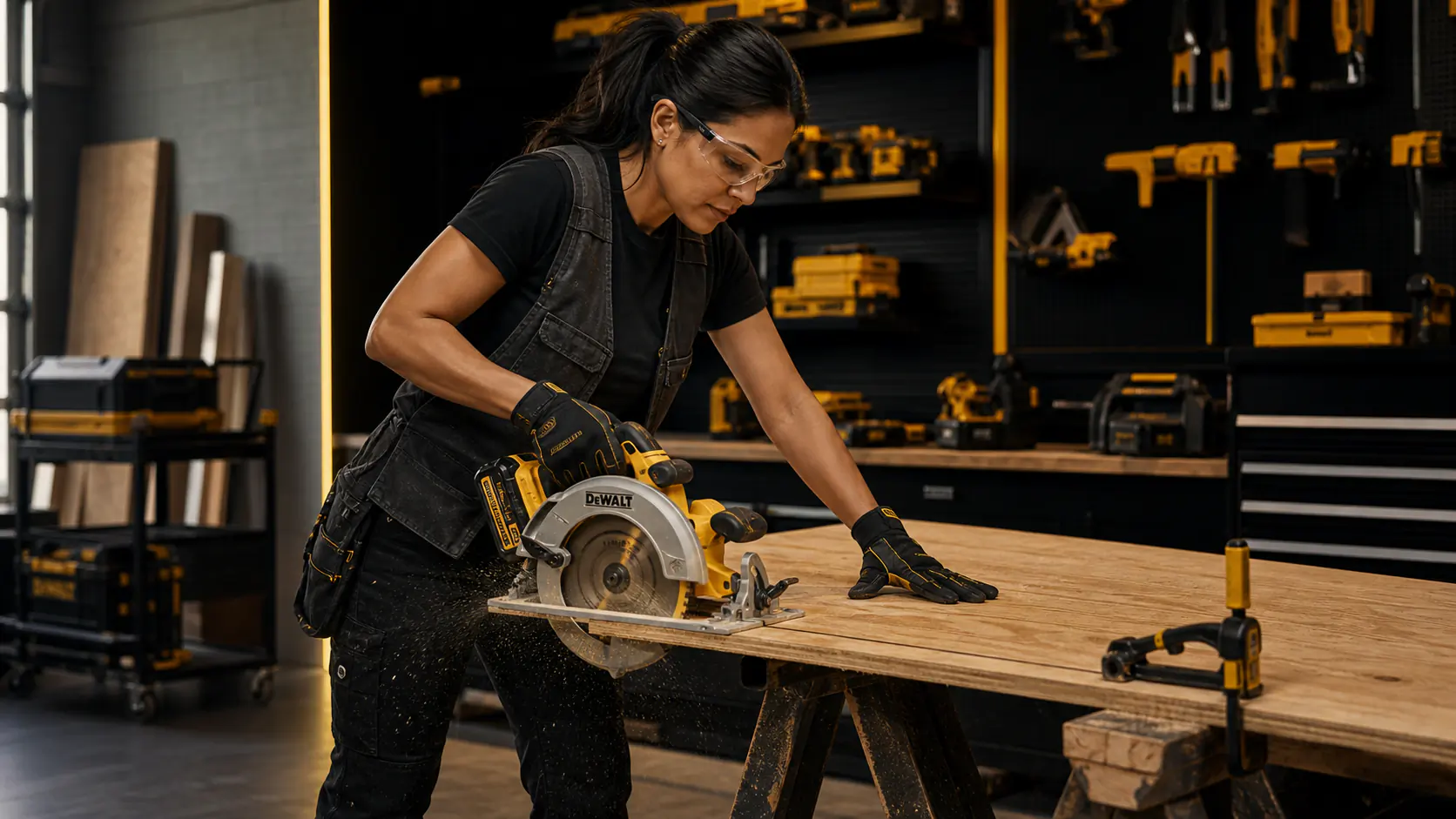 Woman tradesperson guiding a cordless circular saw through plywood