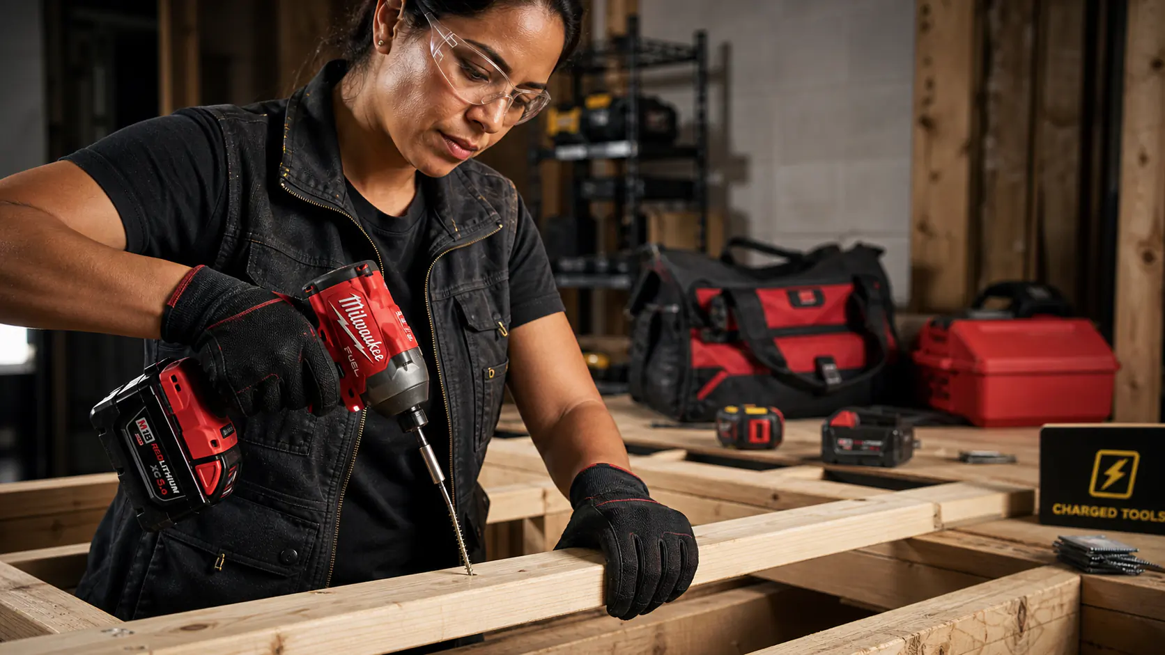 Woman tradesperson using a cordless impact driver on framing lumber