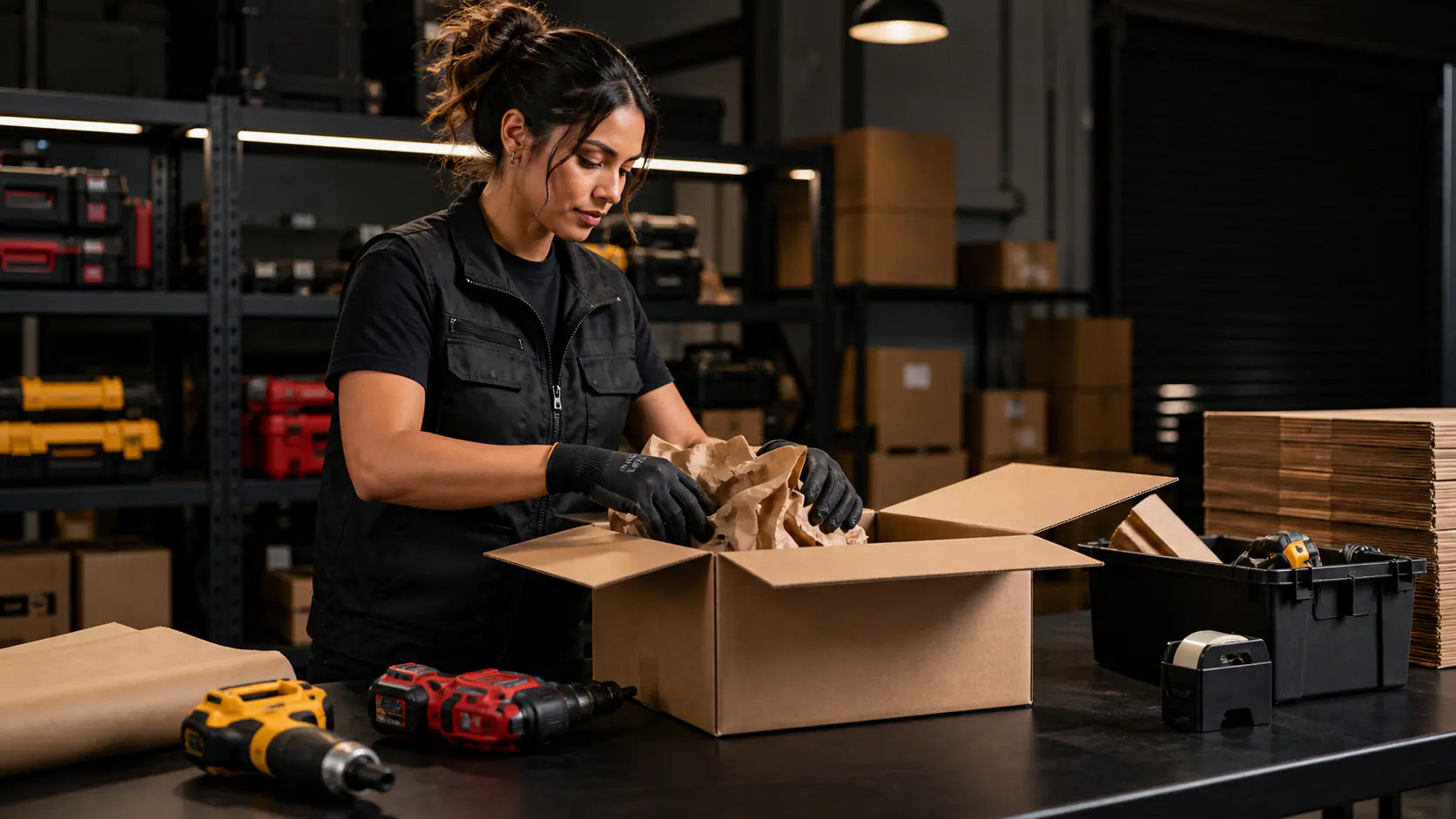 Woman tradesperson packing cordless tools at the Charged Tools shipping bench