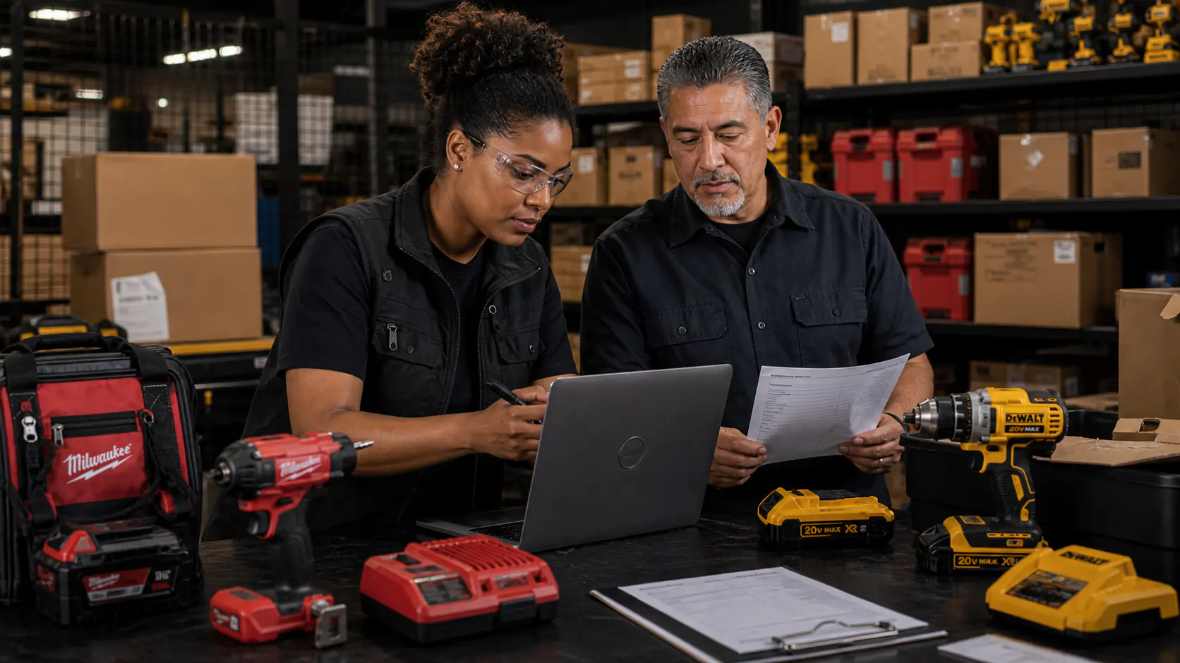 Diverse tool supply team checking a power tool quote and availability